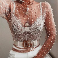 Pearl Top Women Mesh Top 2020 Spring Ladies Long Sleeve Transparent Sexy Top Cover Up